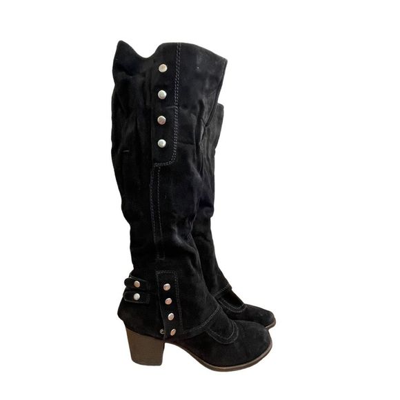 Nine West Shoes - Nine West Boots Black Suede Leather Stacked Heel Knee High Moto Sz 8